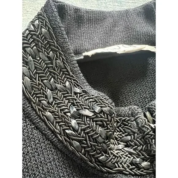 Vintage St John Black Santana Knit Zip Front High Braid Collar Blazer Women's 12